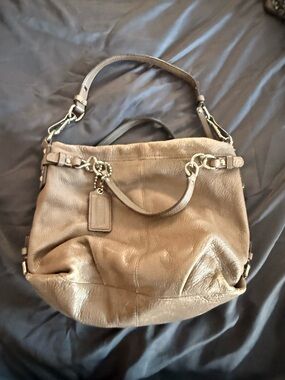 Coach Taupe Leather Shoulder Bag with Chain Accent